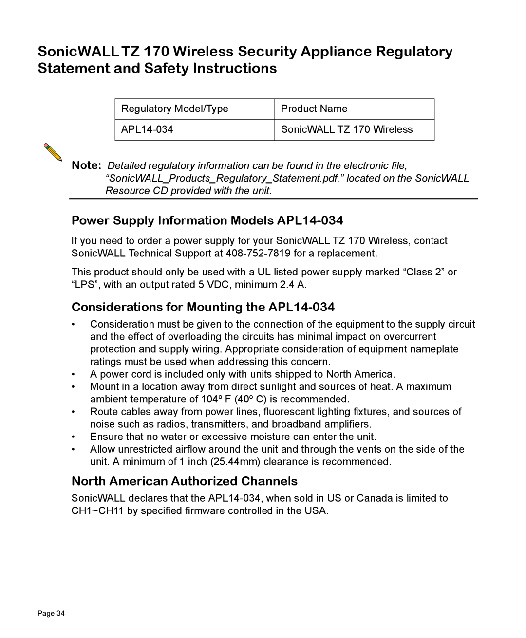 SonicWALL 170 manual Power Supply Information Models APL14-034, Considerations for Mounting the APL14-034 