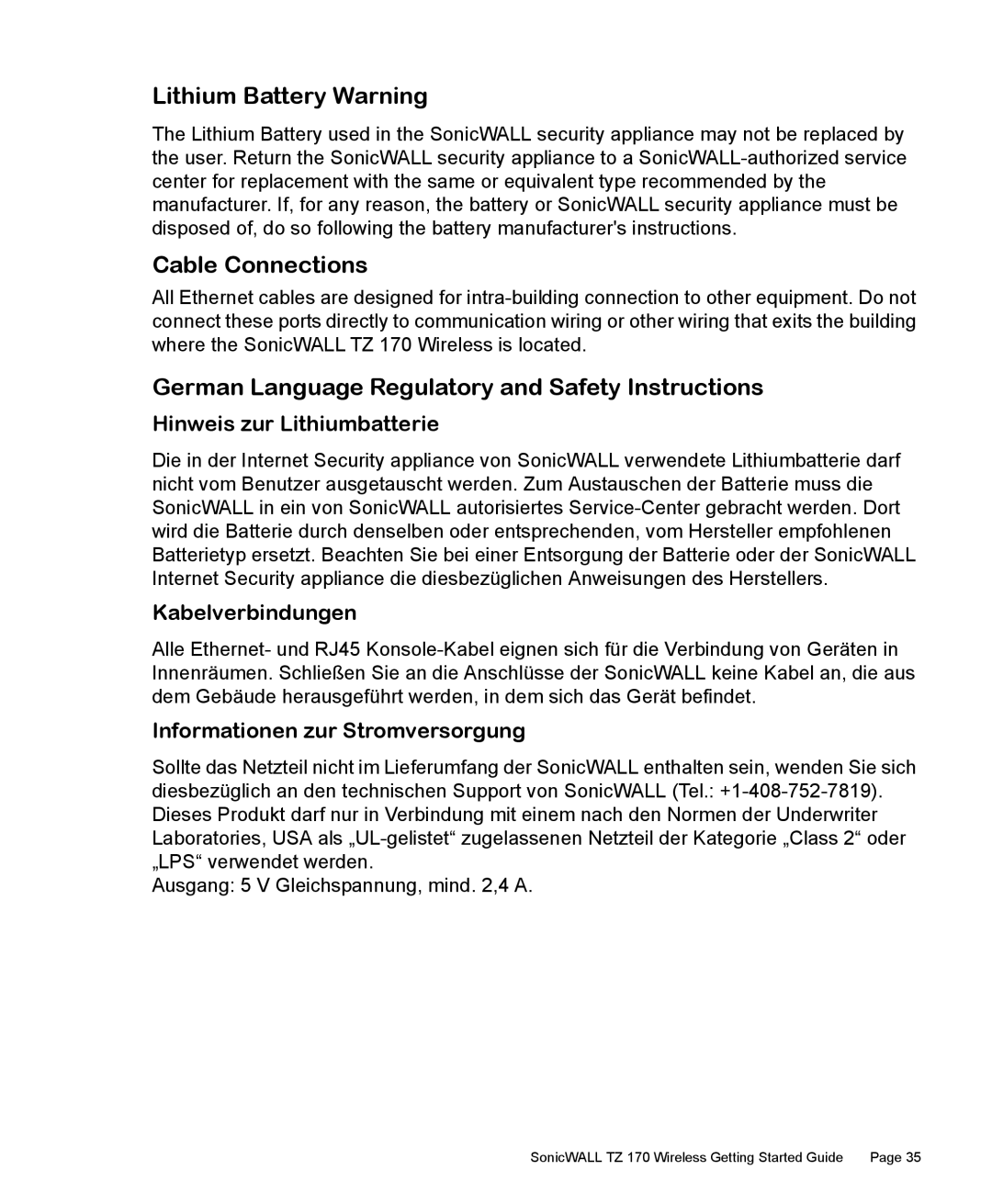 SonicWALL 170 manual Lithium Battery Warning, Cable Connections, German Language Regulatory and Safety Instructions 