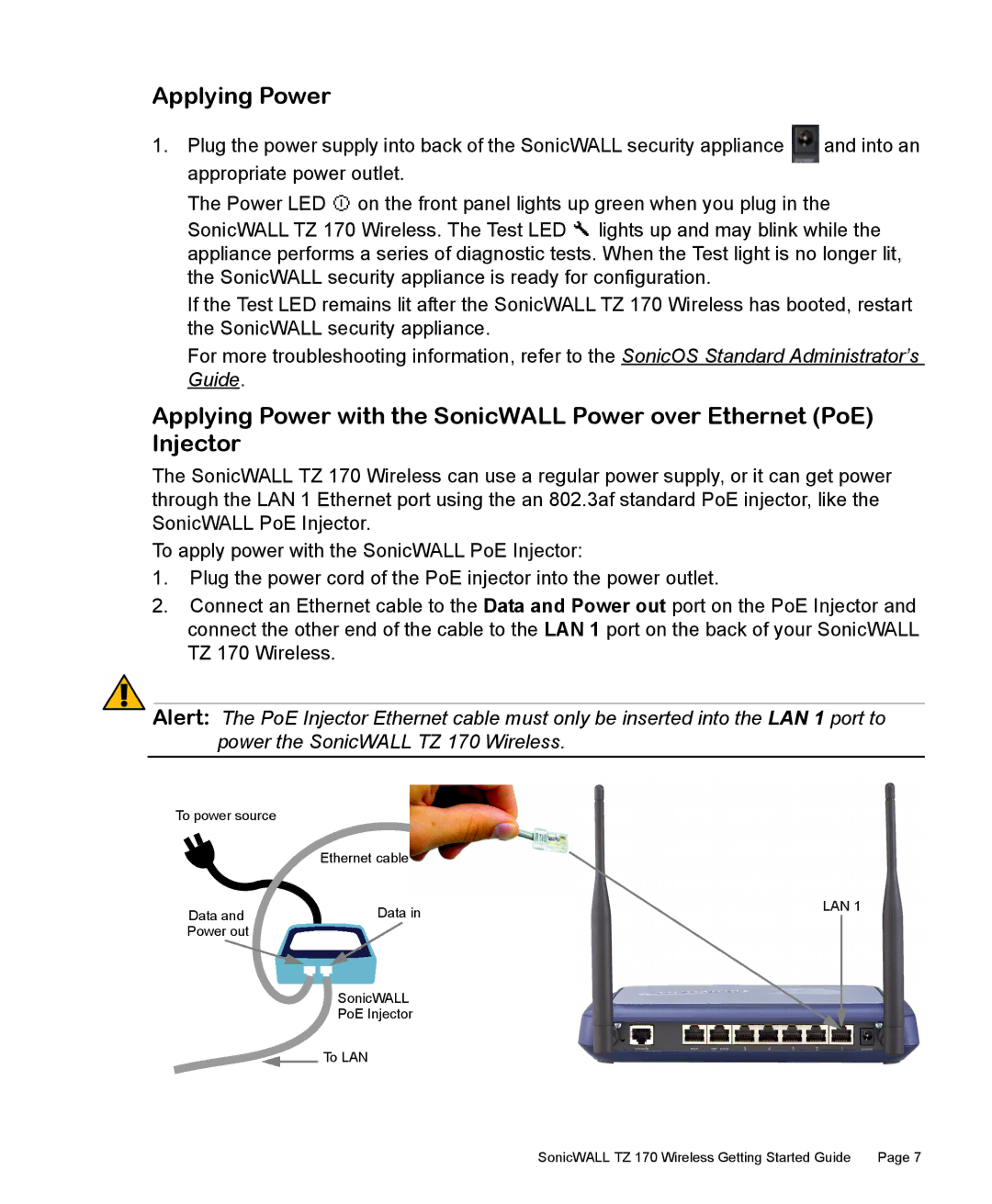 SonicWALL 170 manual Applying Power 