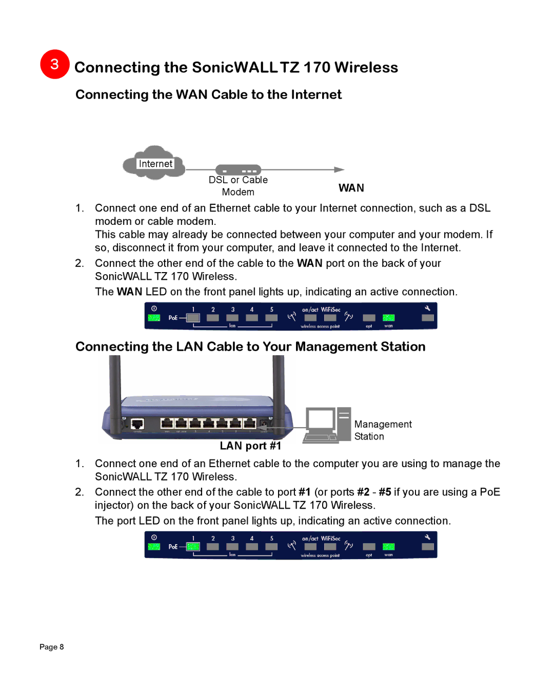 SonicWALL manual Connecting the SonicWALL TZ 170 Wireless, Connecting the WAN Cable to the Internet, LAN port #1 