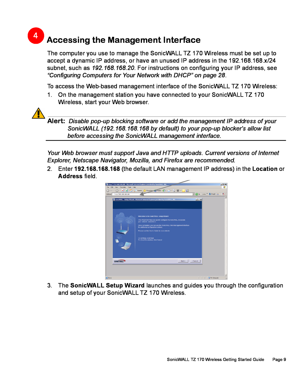 SonicWALL 170 manual Accessing the Management Interface 