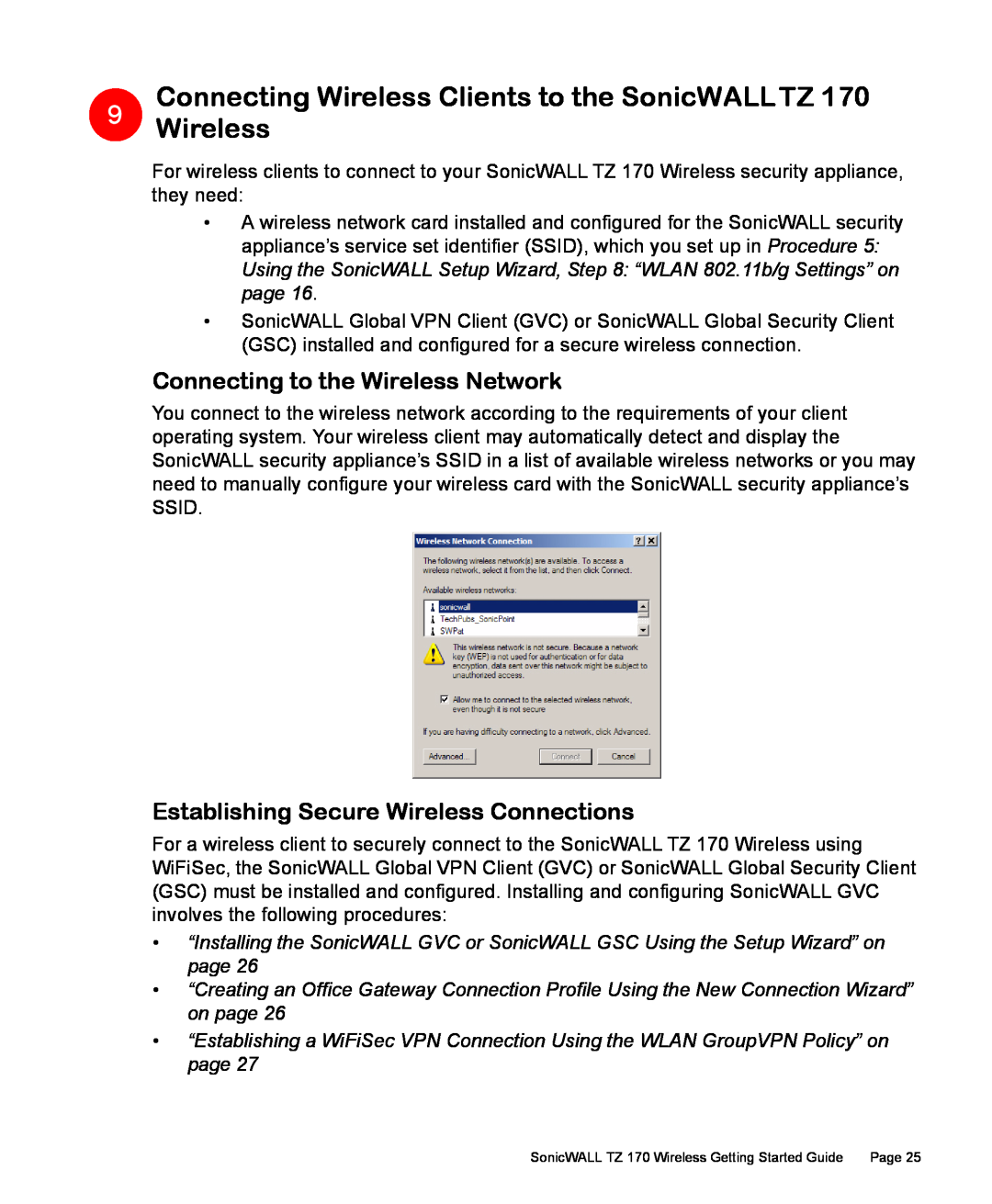 SonicWALL 170 manual Connecting to the Wireless Network, Establishing Secure Wireless Connections 