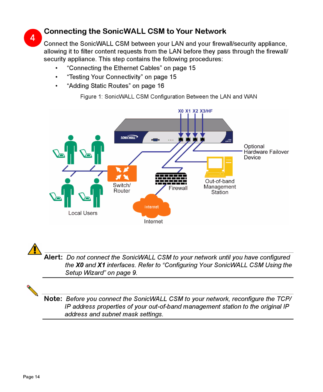 SonicWALL 2200 manual Connecting the SonicWALL CSM to Your Network, SonicWALL CSM Configuration Between the LAN and WAN 