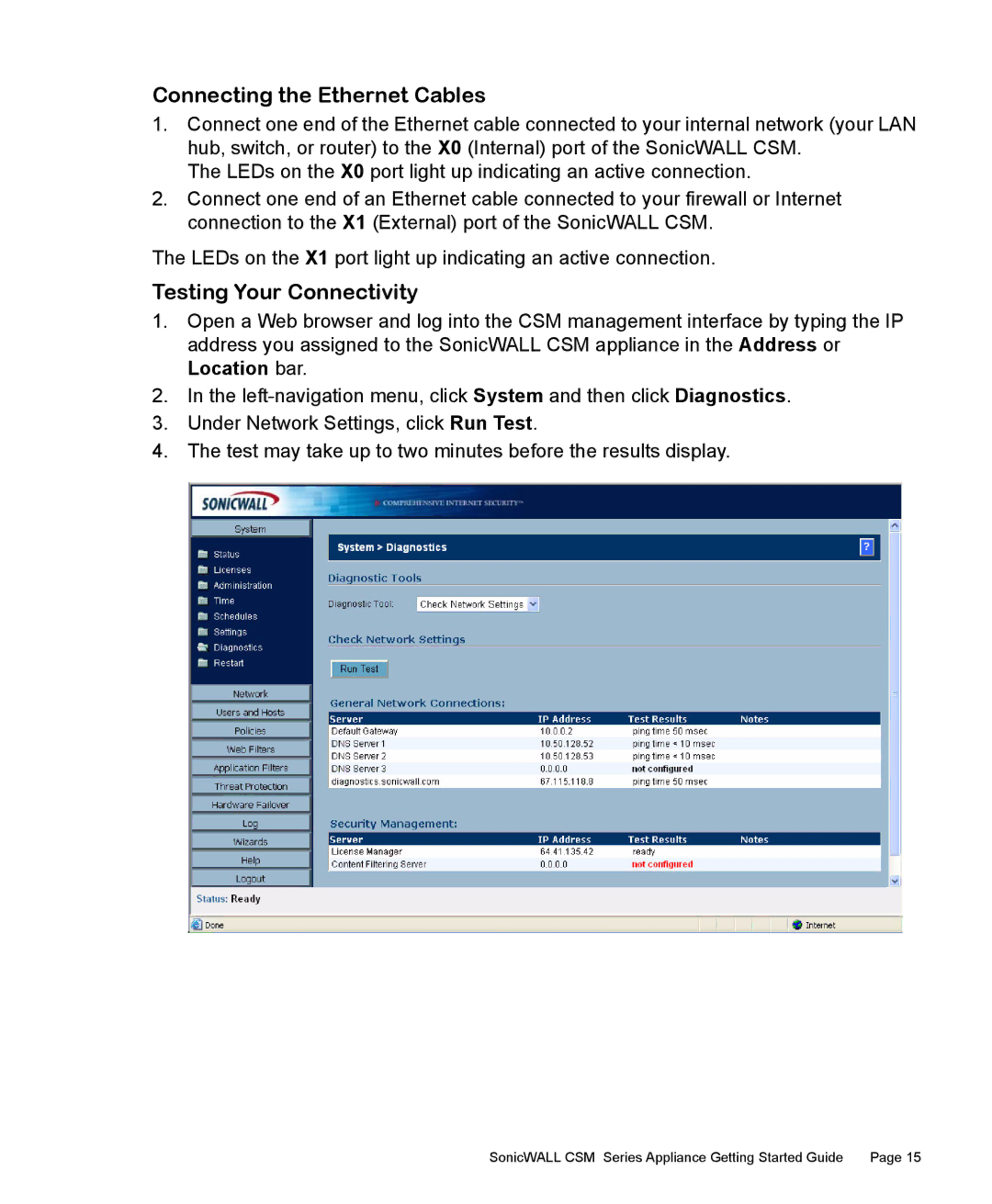 SonicWALL 2200 manual Connecting the Ethernet Cables, Testing Your Connectivity 