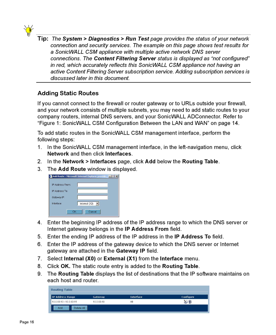 SonicWALL 2200 manual Adding Static Routes, Network Interfaces page, click Add below the Routing Table 