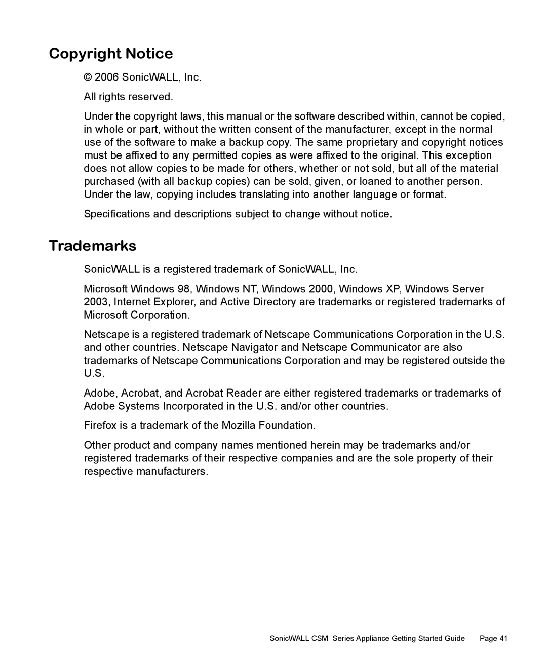 SonicWALL 2200 manual Copyright Notice, Trademarks 