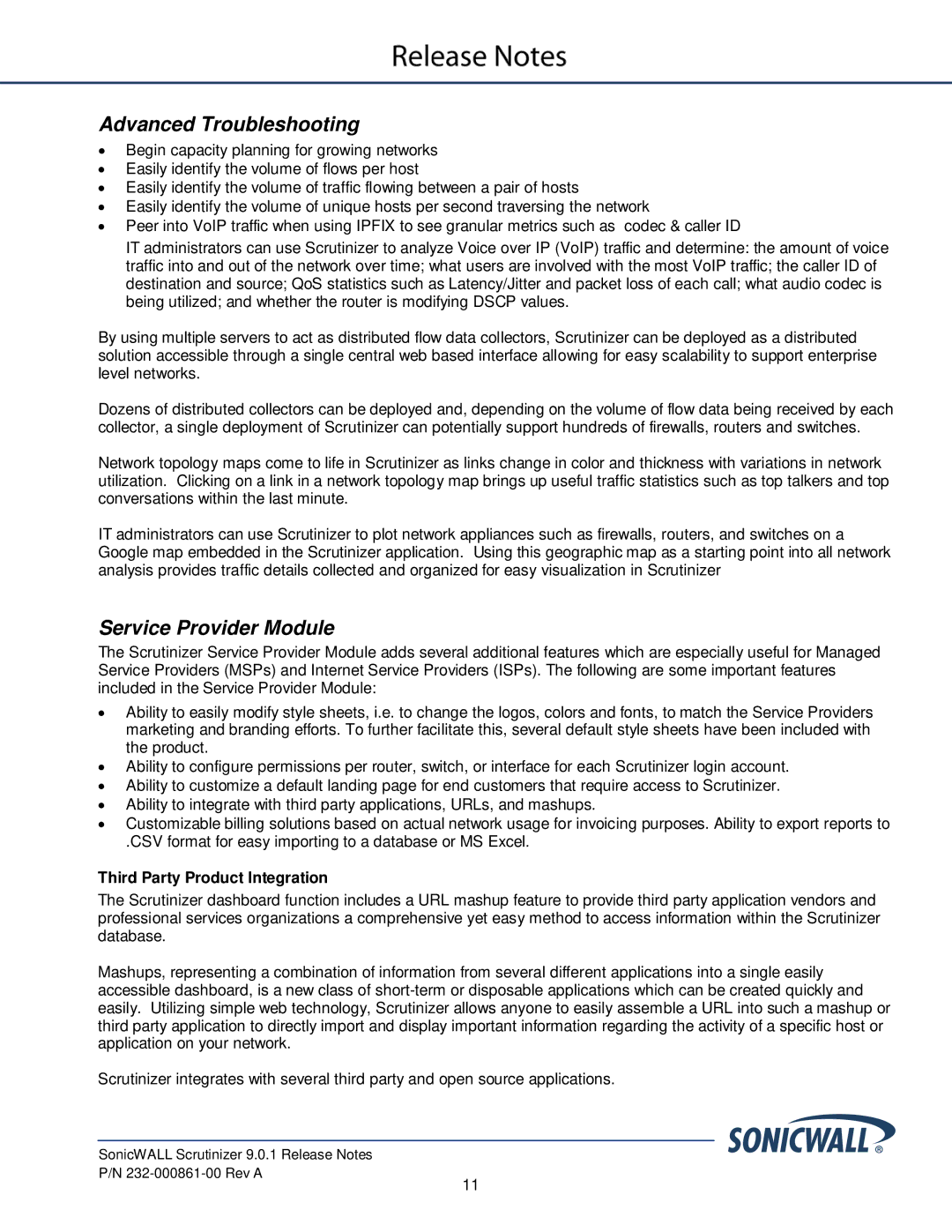 SonicWALL 232-000861-00 manual Advanced Troubleshooting, Service Provider Module, Third Party Product Integration 