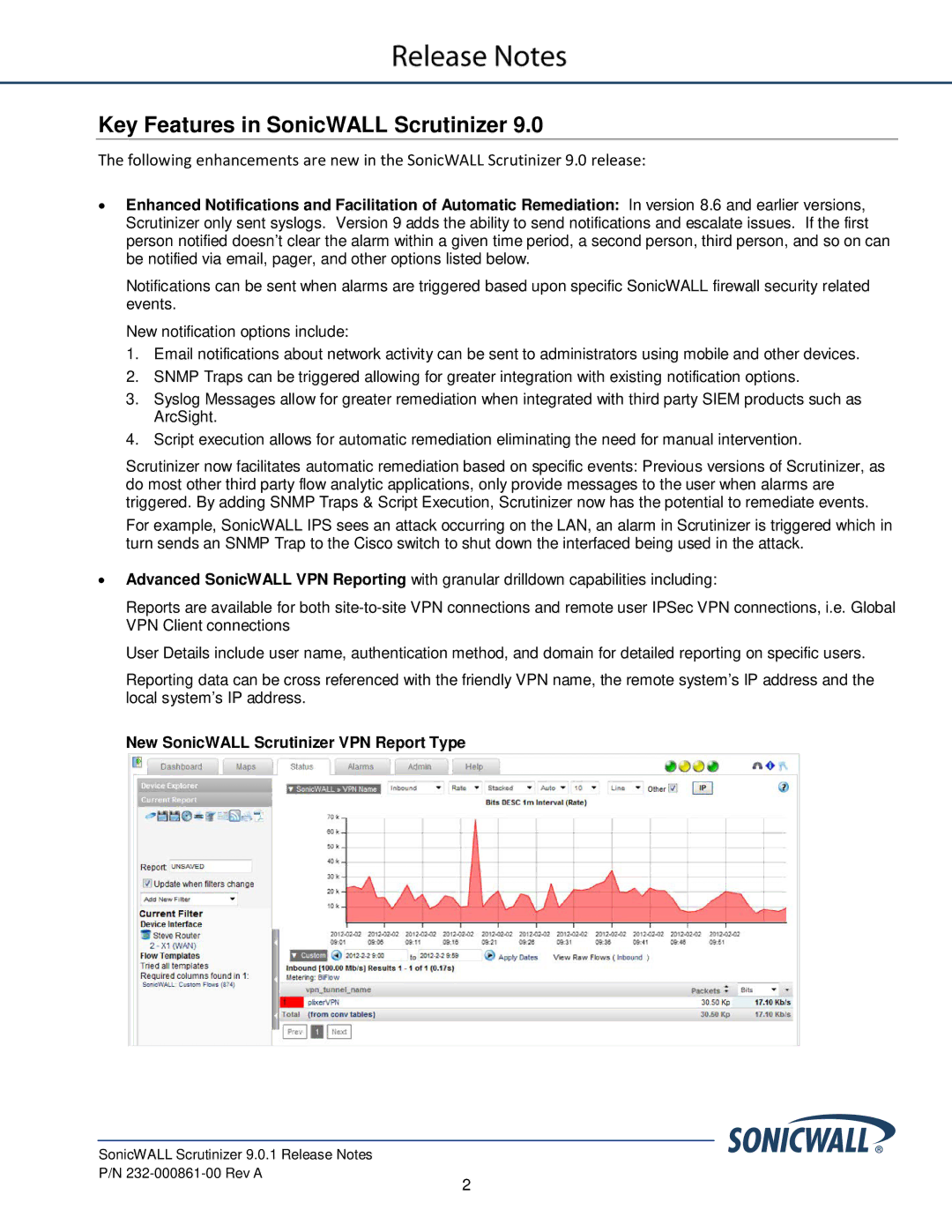 SonicWALL 232-000861-00 manual Key Features in SonicWALL Scrutinizer, New SonicWALL Scrutinizer VPN Report Type 