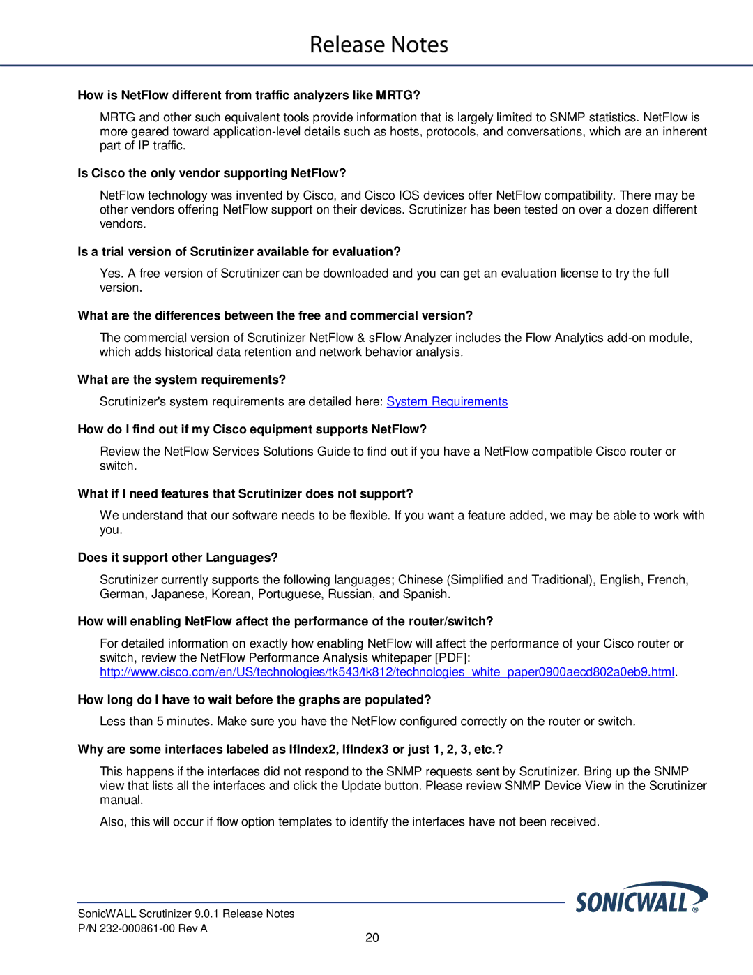 SonicWALL 232-000861-00 How is NetFlow different from traffic analyzers like MRTG?, What are the system requirements? 