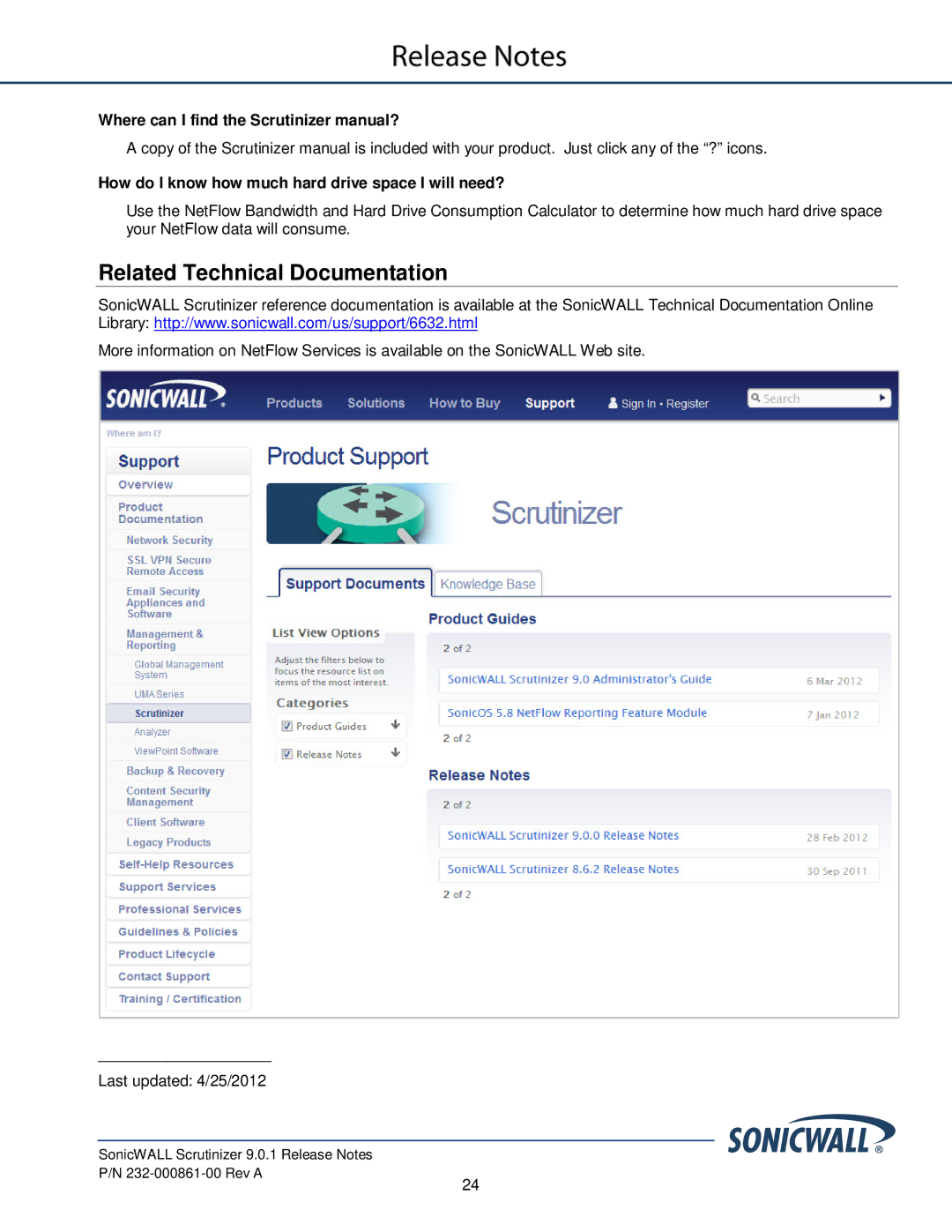 SonicWALL 232-000861-00 Related Technical Documentation, Where can I find the Scrutinizer manual? 