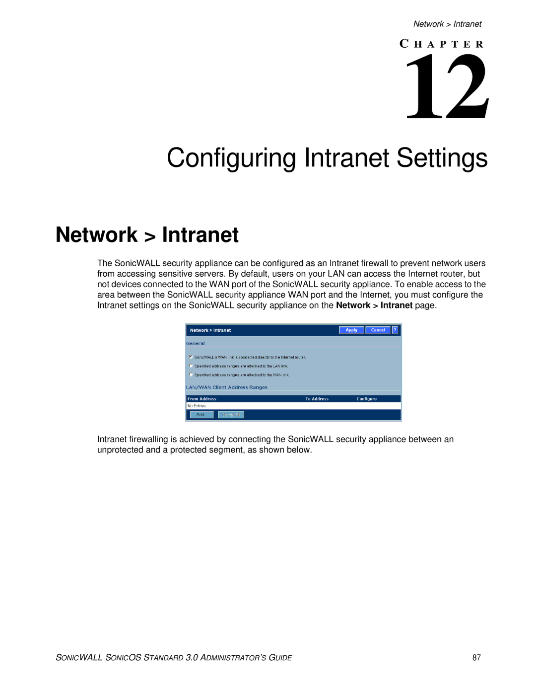 SonicWALL 3 manual Configuring Intranet Settings, Network Intranet 