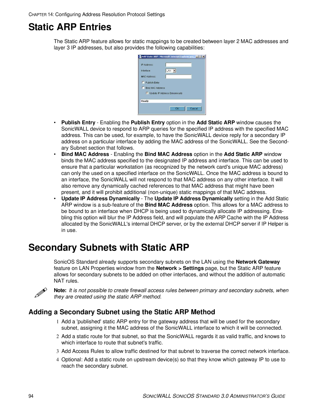 SonicWALL 3 Static ARP Entries, Secondary Subnets with Static ARP, Adding a Secondary Subnet using the Static ARP Method 