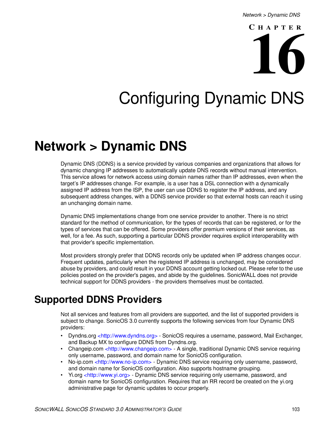 SonicWALL manual Configuring Dynamic DNS, Network Dynamic DNS, Supported Ddns Providers, 103 