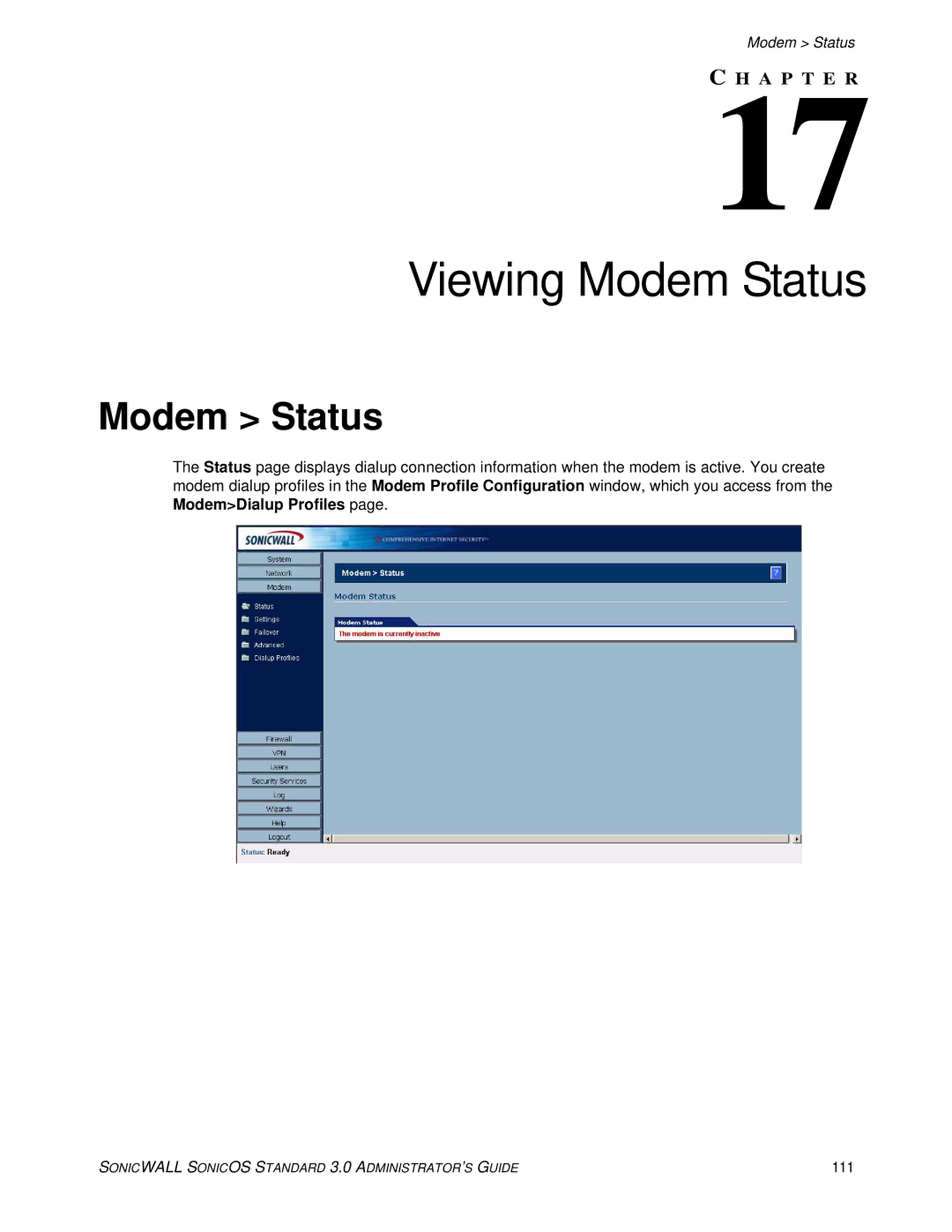 SonicWALL 3 manual Viewing Modem Status, 111 