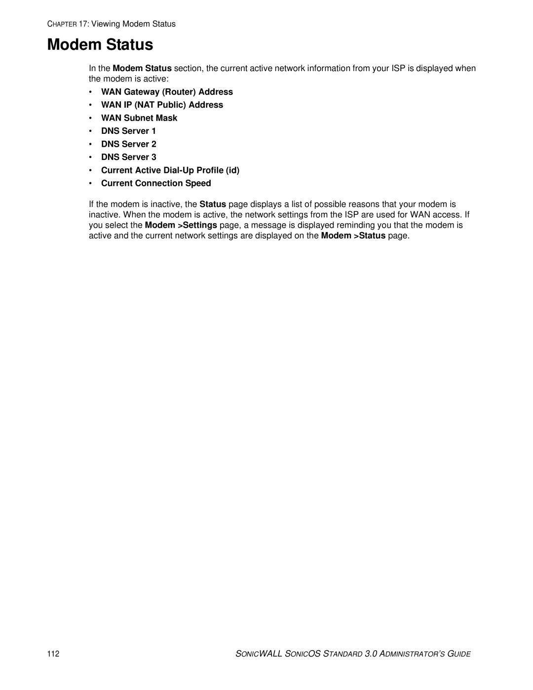 SonicWALL 3 manual Modem Status 