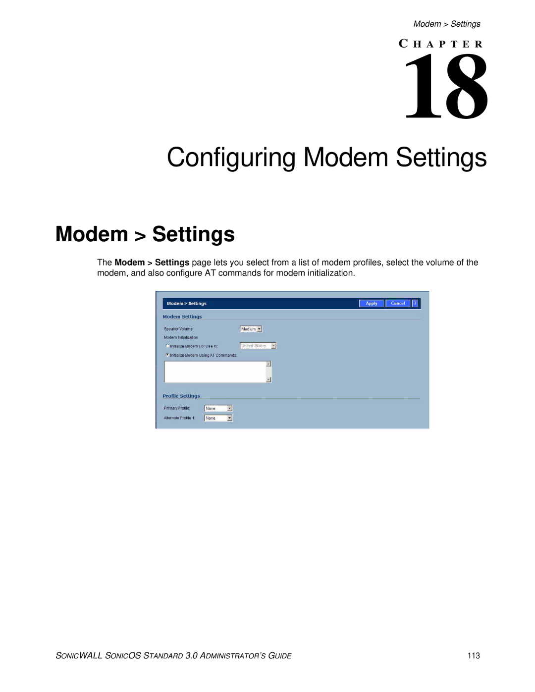 SonicWALL manual Configuring Modem Settings, 113 