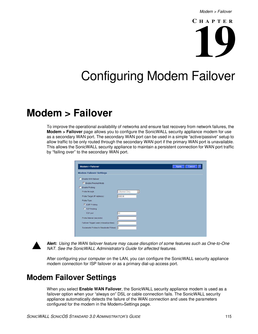 SonicWALL 3 manual Configuring Modem Failover, Modem Failover Settings, 115 