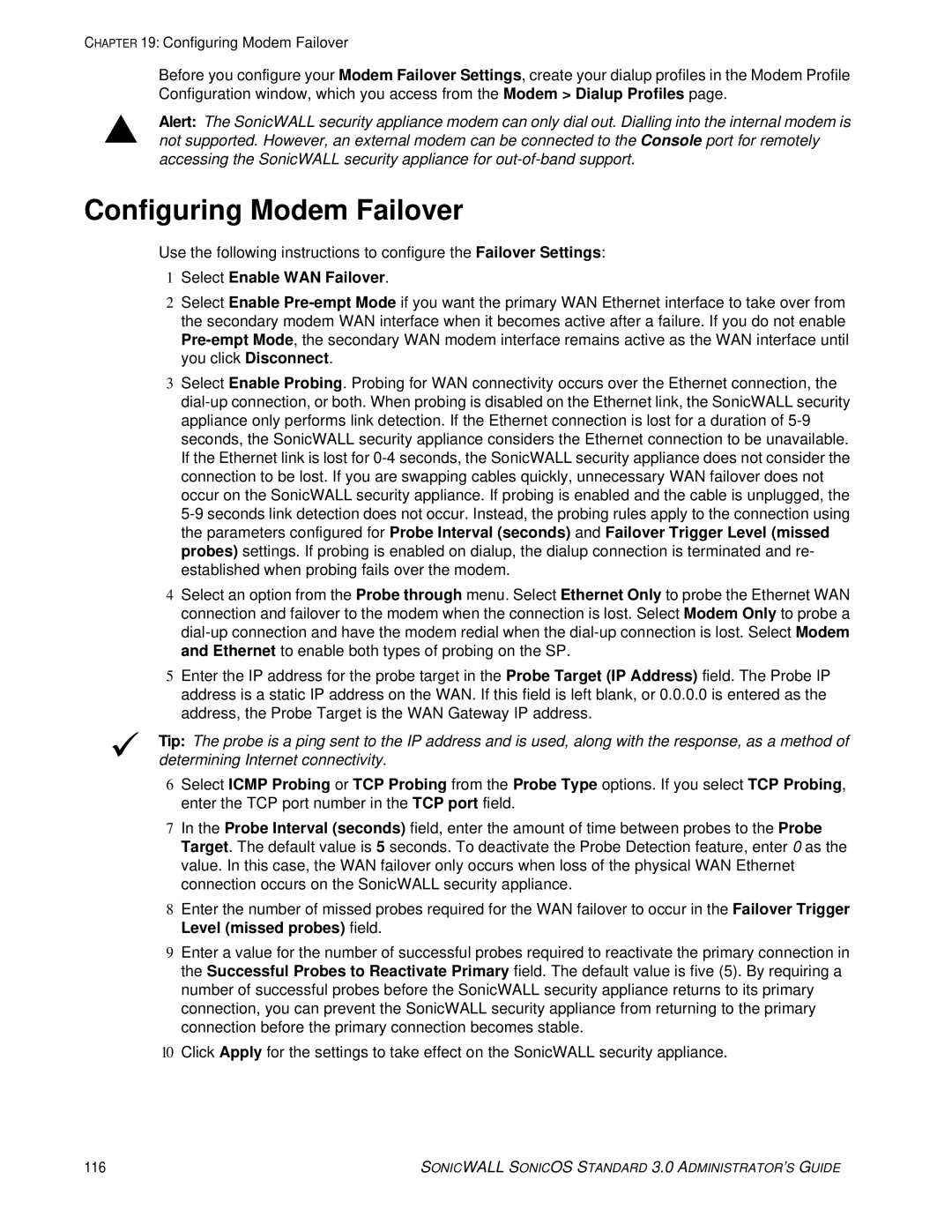 SonicWALL 3 manual Configuring Modem Failover, Select Enable WAN Failover 