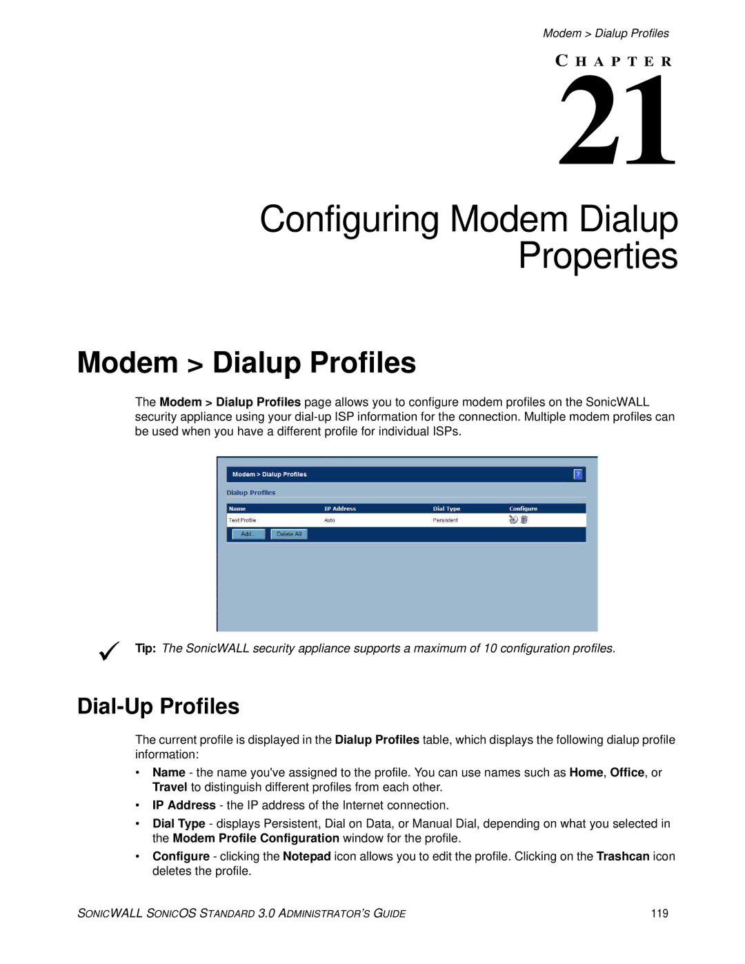 SonicWALL 3 manual Configuring Modem Dialup Properties, Modem Dialup Profiles, Dial-Up Profiles, 119 