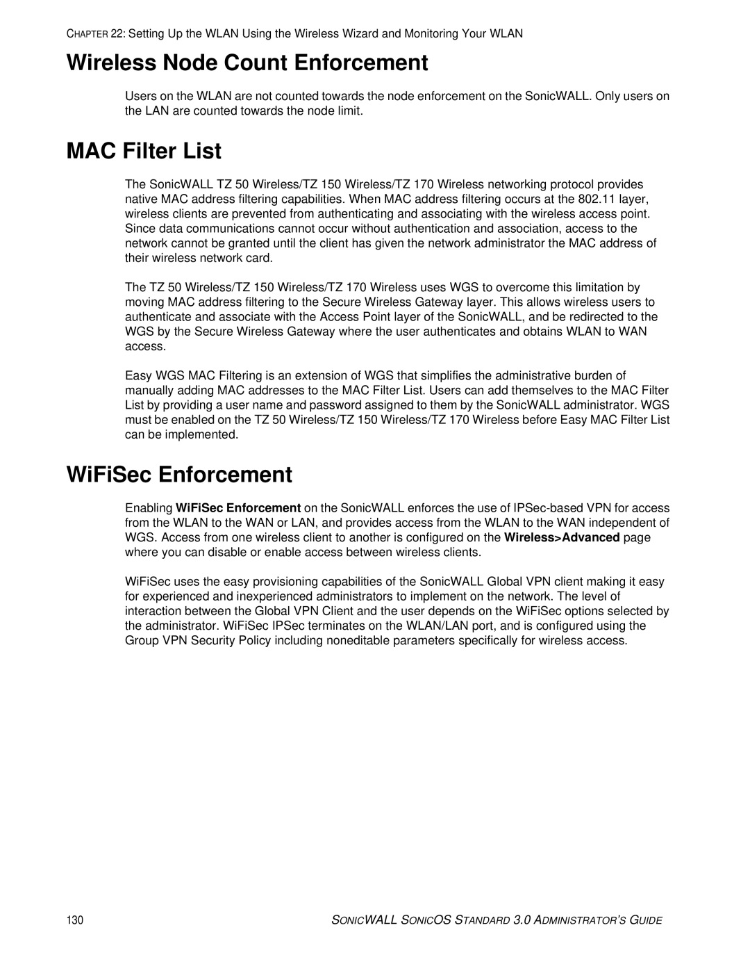 SonicWALL 3 manual Wireless Node Count Enforcement, MAC Filter List, WiFiSec Enforcement 