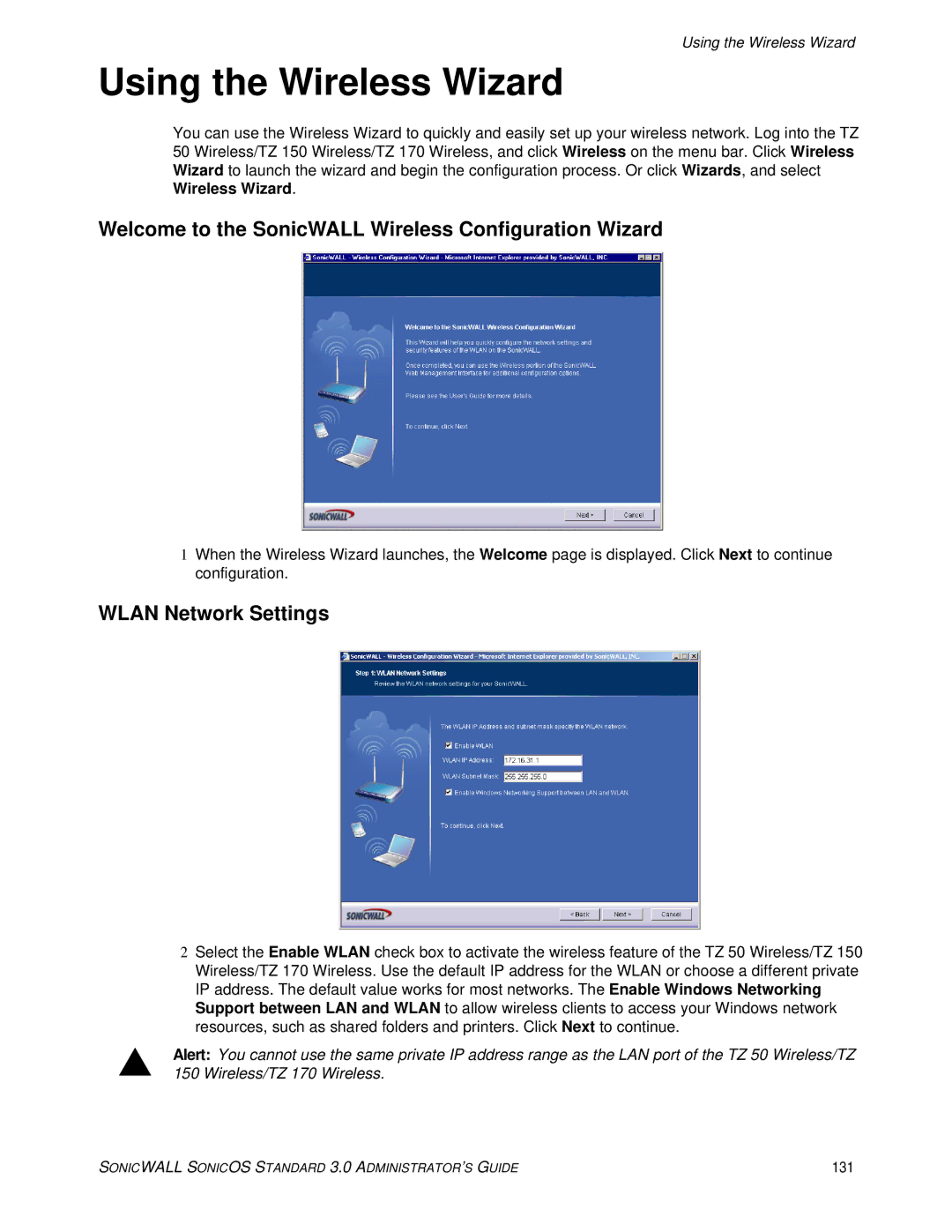 SonicWALL Using the Wireless Wizard, Welcome to the SonicWALL Wireless Configuration Wizard, Wlan Network Settings, 131 