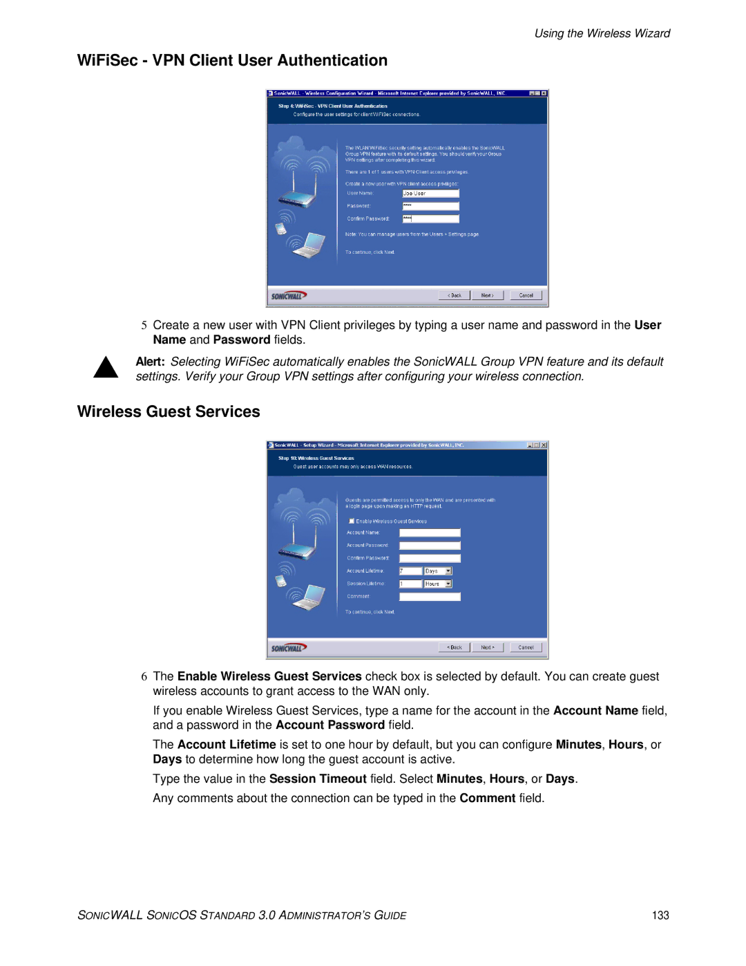 SonicWALL manual WiFiSec VPN Client User Authentication, Wireless Guest Services, 133 