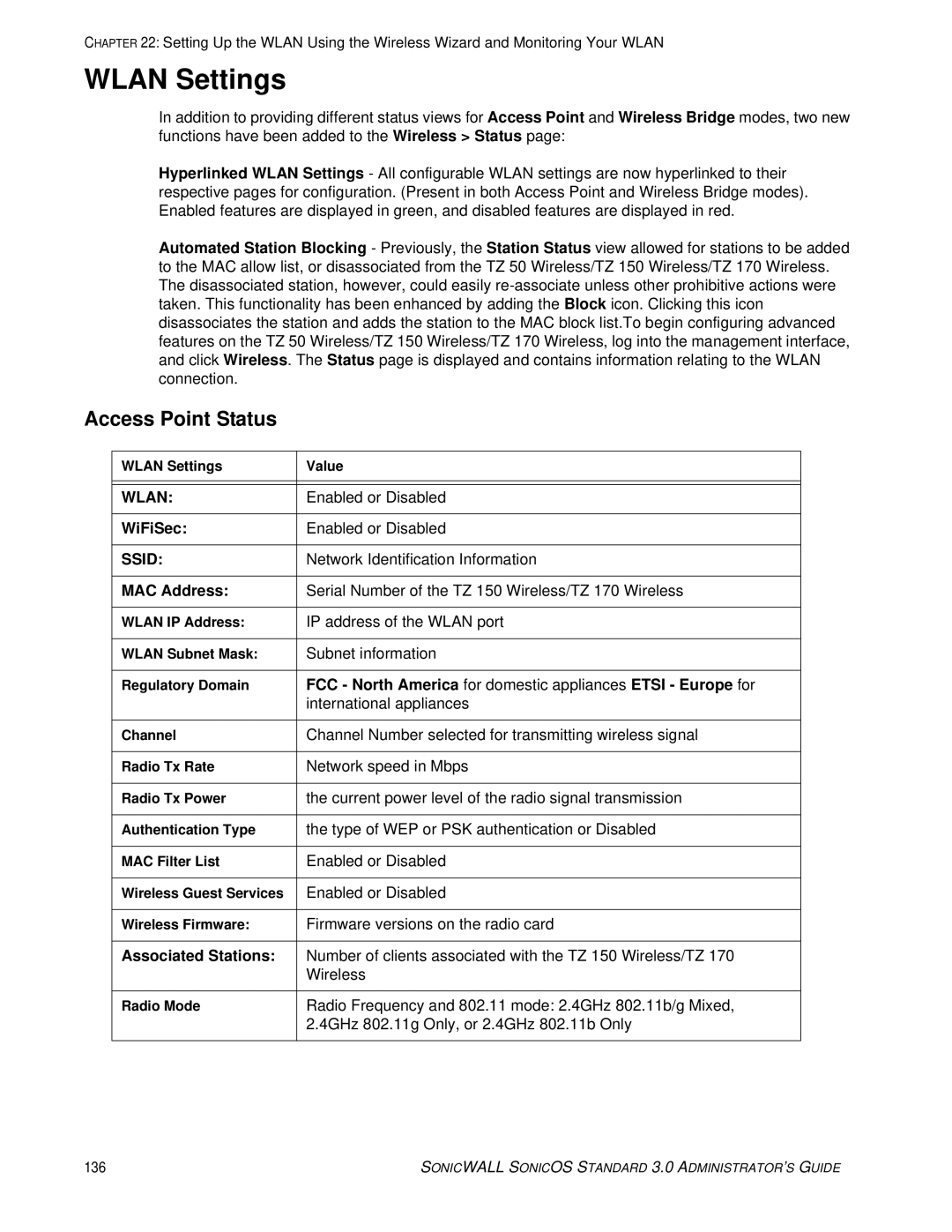 SonicWALL 3 manual Wlan Settings, Access Point Status 