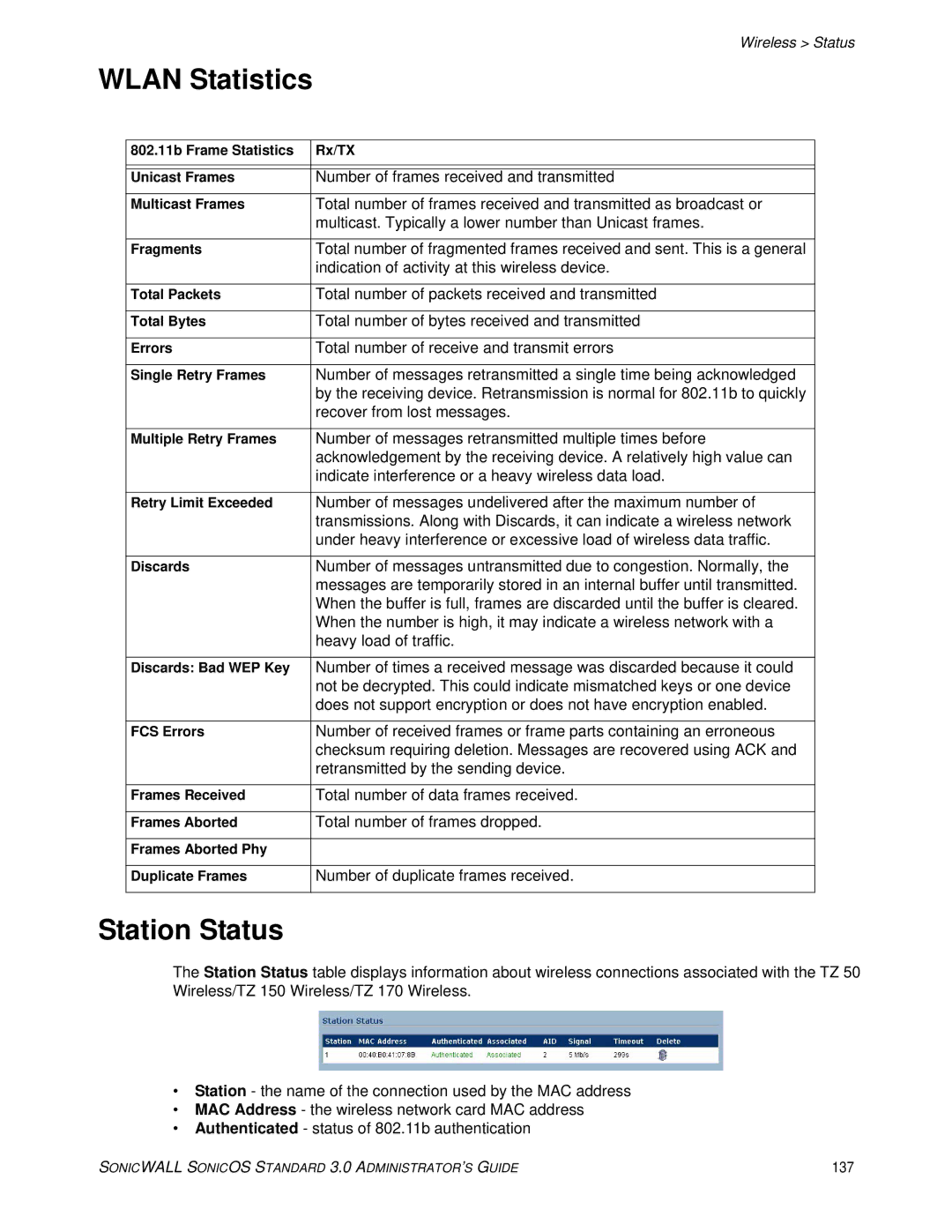 SonicWALL manual Wlan Statistics, Station Status, 137 