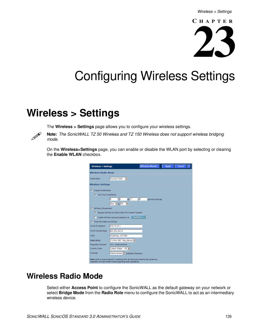 SonicWALL manual Configuring Wireless Settings, Wireless Radio Mode, 139 