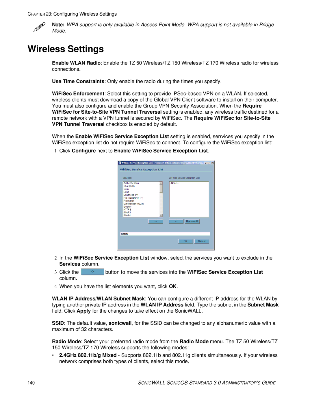 SonicWALL 3 manual Wireless Settings 