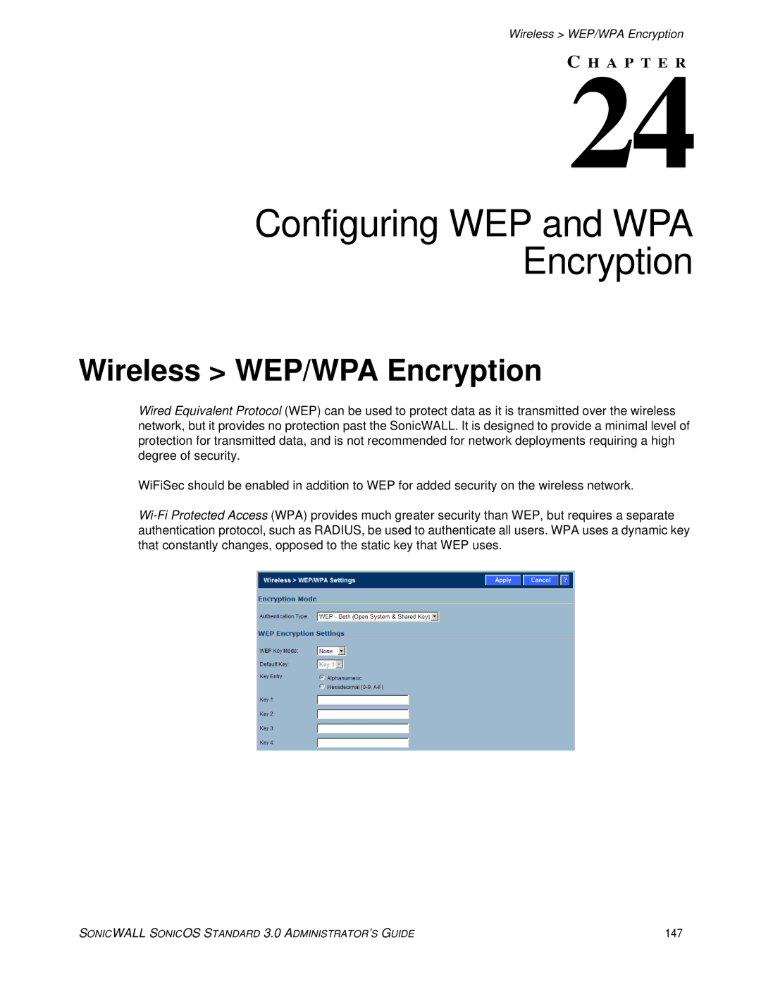 SonicWALL 3 manual Configuring WEP and WPA Encryption, Wireless WEP/WPA Encryption, 147 