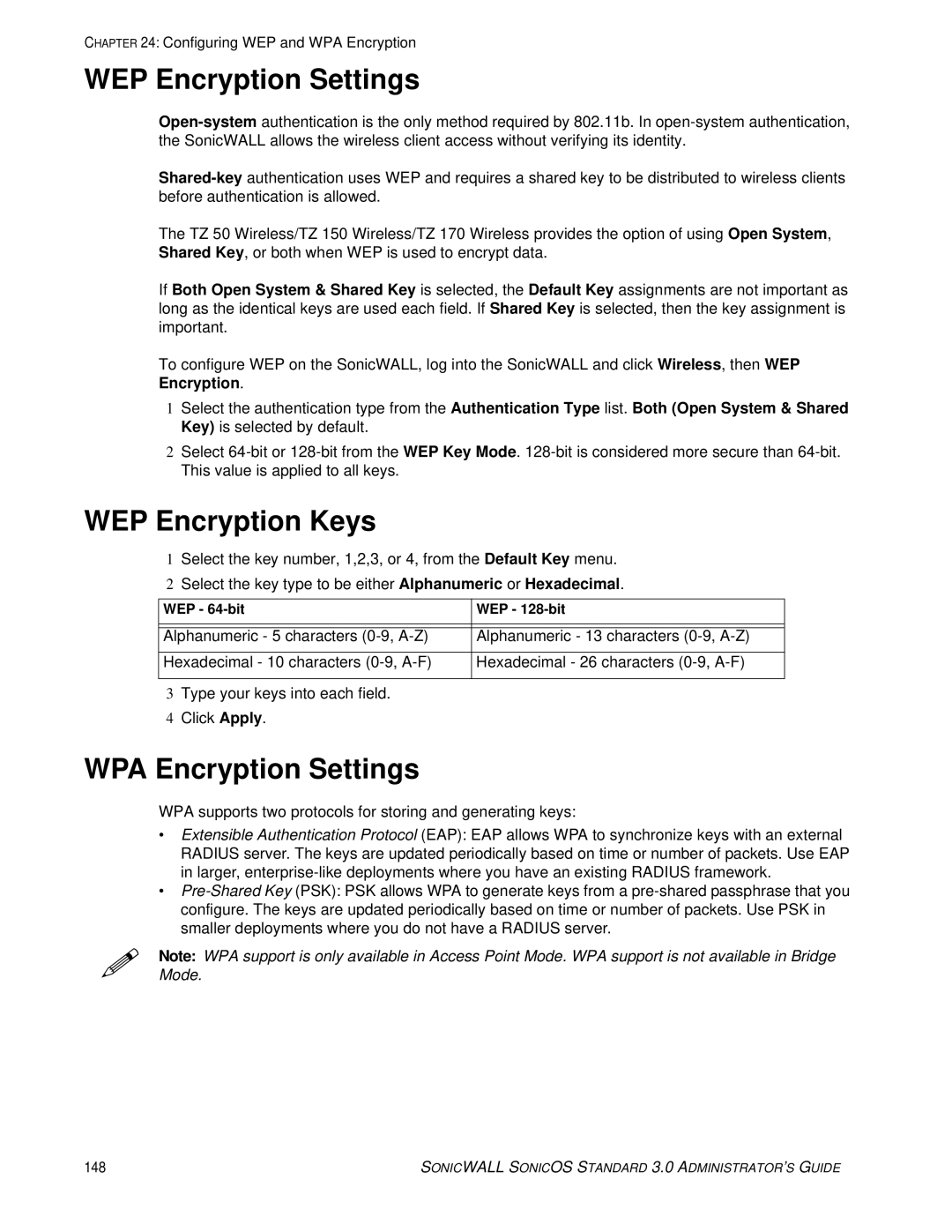 SonicWALL 3 manual WEP Encryption Settings, WEP Encryption Keys, WPA Encryption Settings 