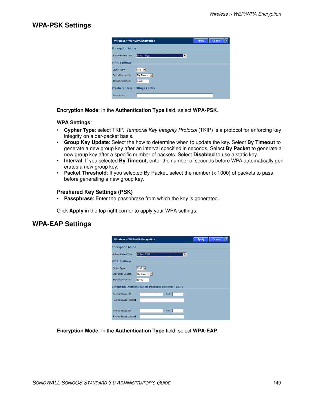 SonicWALL 3 manual WPA-PSK Settings, WPA-EAP Settings, 149 