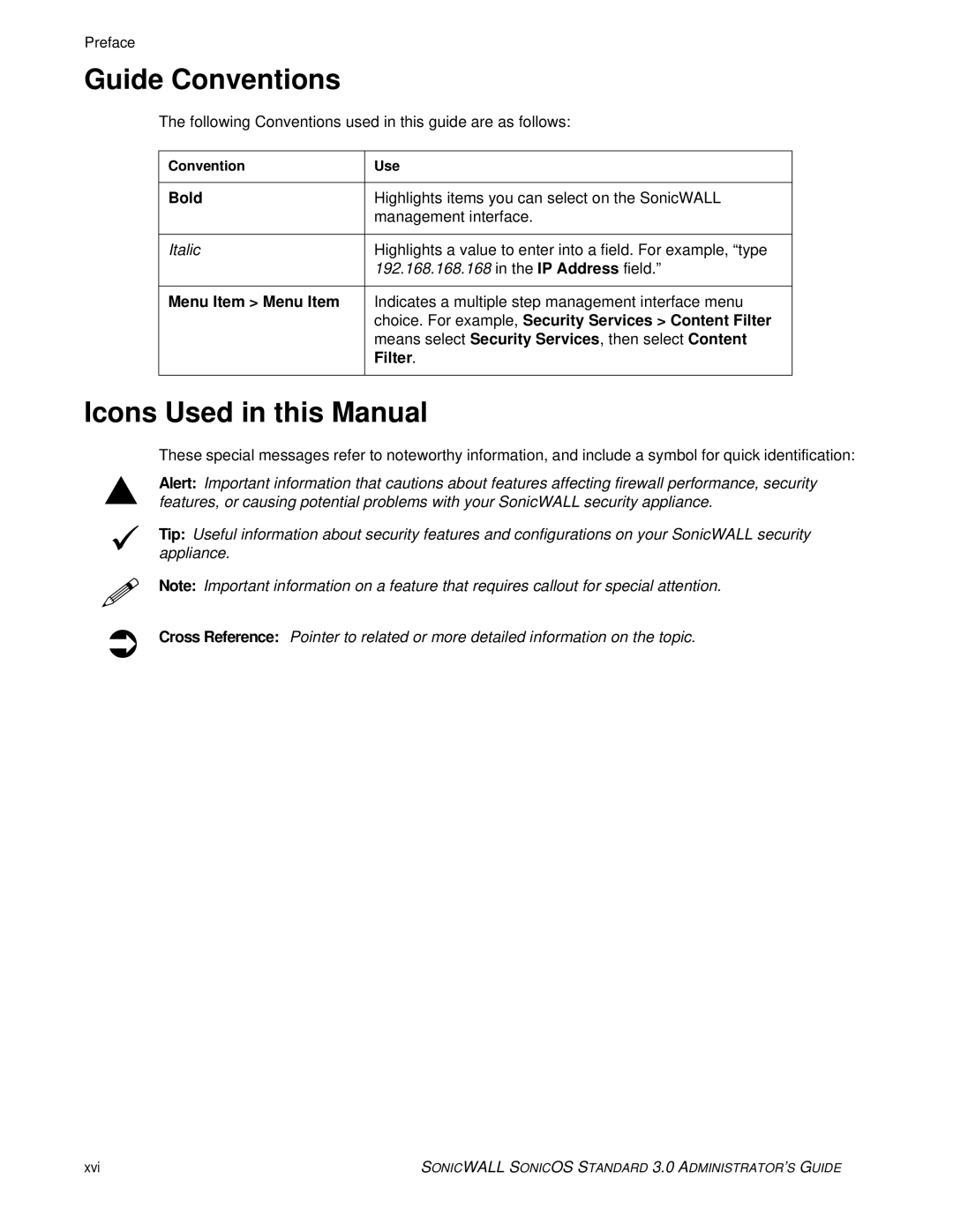 SonicWALL 3 manual Guide Conventions, Icons Used in this Manual 