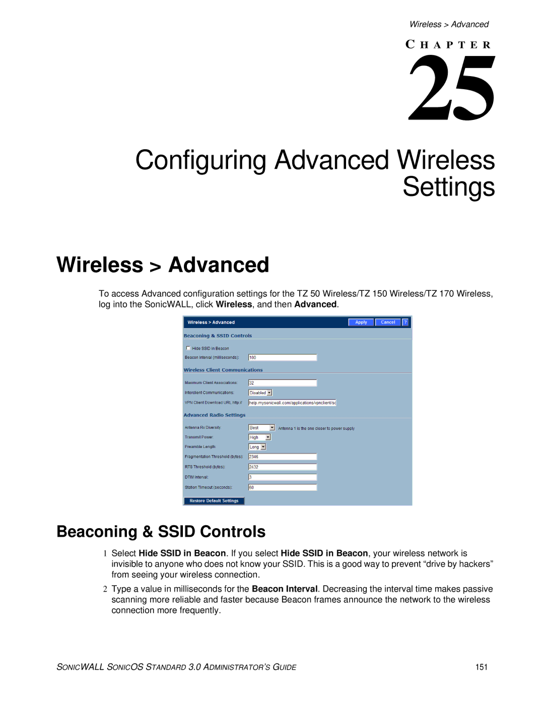 SonicWALL 3 manual Wireless Advanced, Beaconing & Ssid Controls, 151 