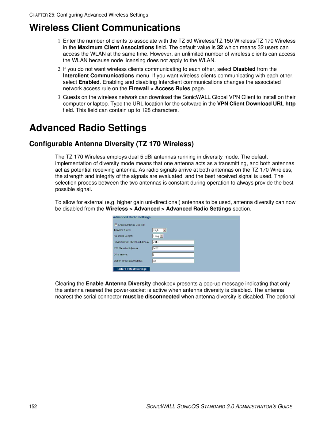 SonicWALL 3 manual Wireless Client Communications, Advanced Radio Settings, Configurable Antenna Diversity TZ 170 Wireless 