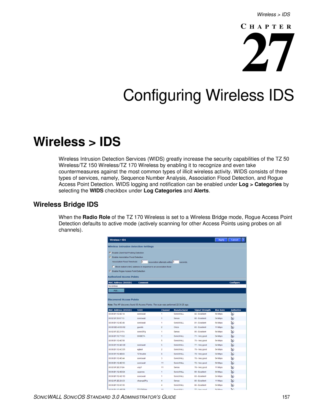 SonicWALL 3 manual Configuring Wireless IDS, Wireless Bridge IDS, 157 