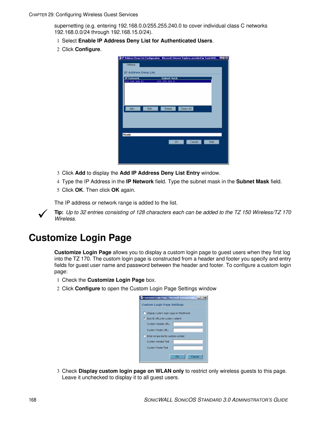 SonicWALL 3 manual Check the Customize Login Page box 