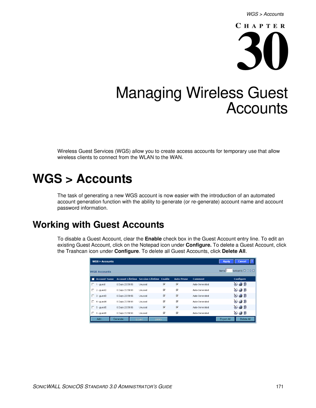 SonicWALL 3 manual Managing Wireless Guest Accounts, WGS Accounts, Working with Guest Accounts, 171 