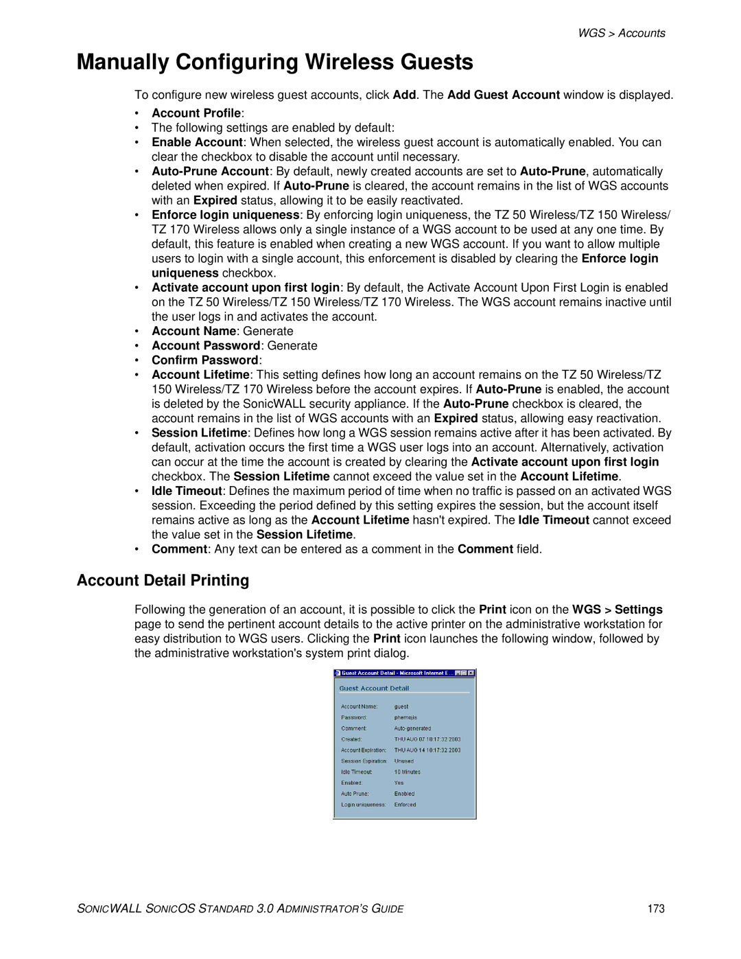 SonicWALL manual Manually Configuring Wireless Guests, Account Detail Printing, Account Profile, 173 