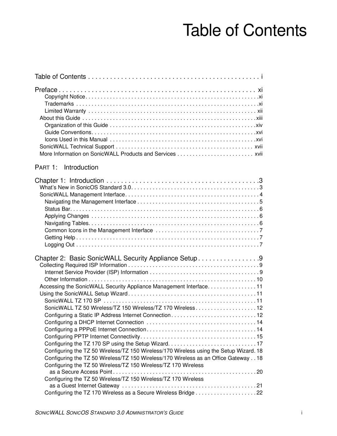 SonicWALL 3 manual Table of Contents 