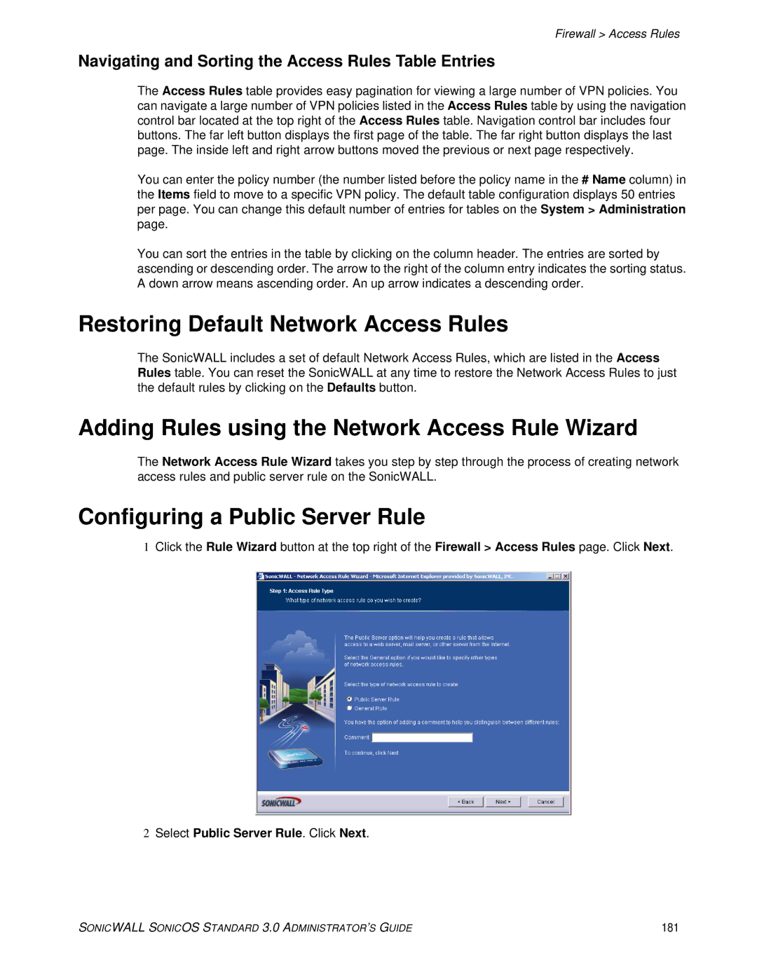 SonicWALL 3 manual Restoring Default Network Access Rules, Adding Rules using the Network Access Rule Wizard 