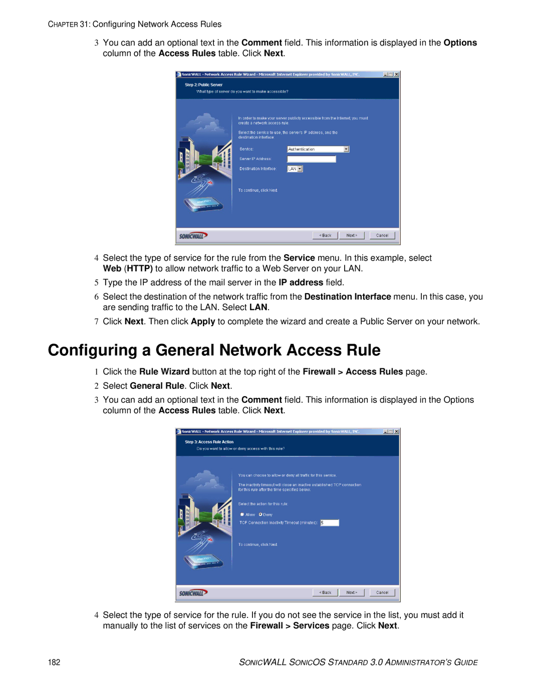 SonicWALL 3 manual Configuring a General Network Access Rule 