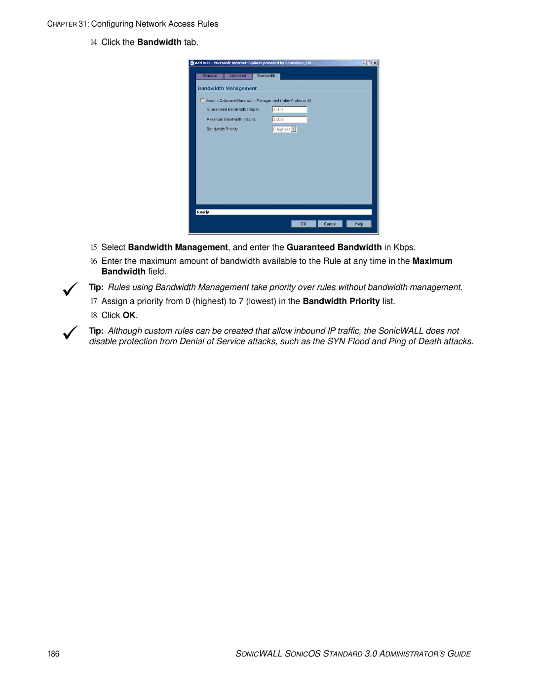 SonicWALL 3 manual Configuring Network Access Rules Click the Bandwidth tab 