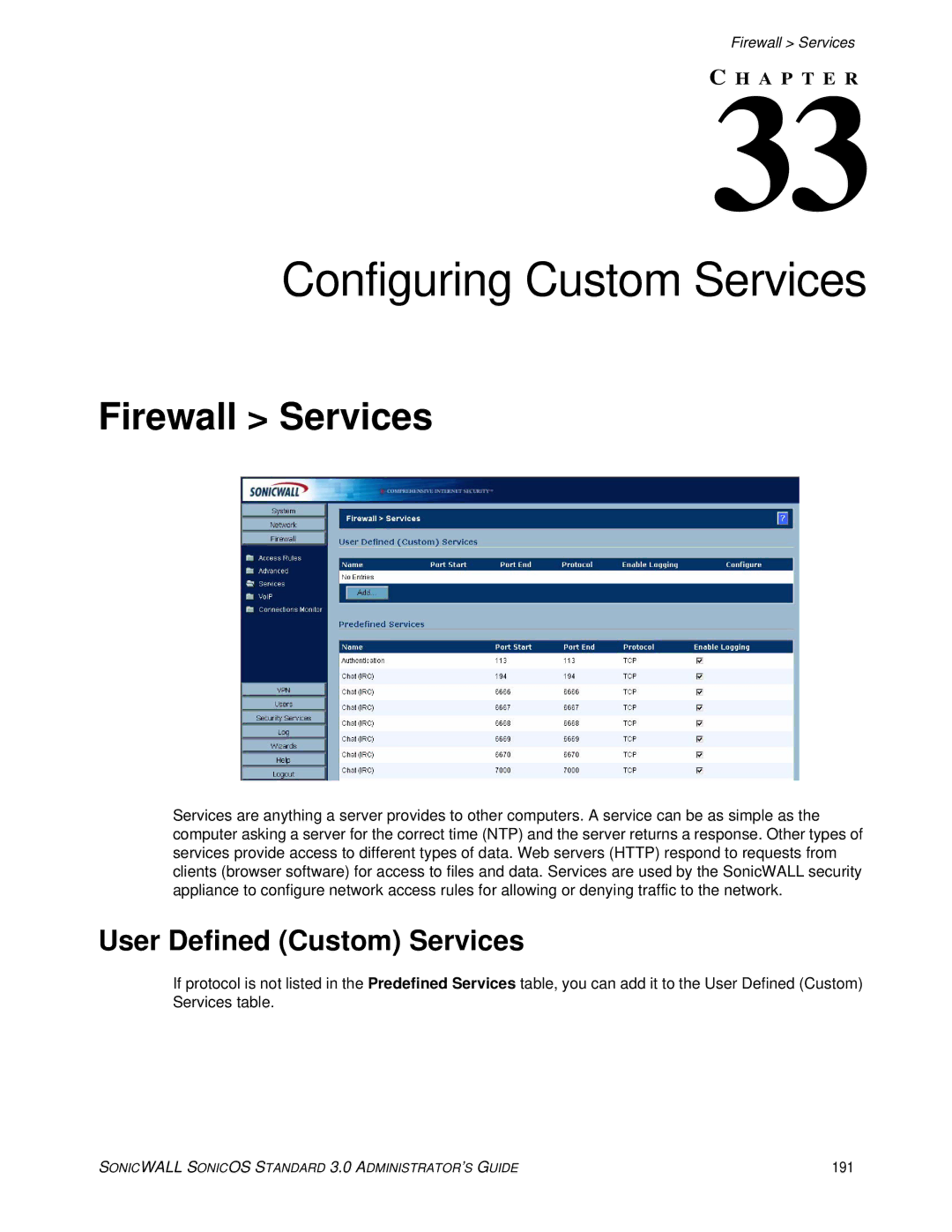 SonicWALL 3 manual Configuring Custom Services, Firewall Services, User Defined Custom Services, 191 