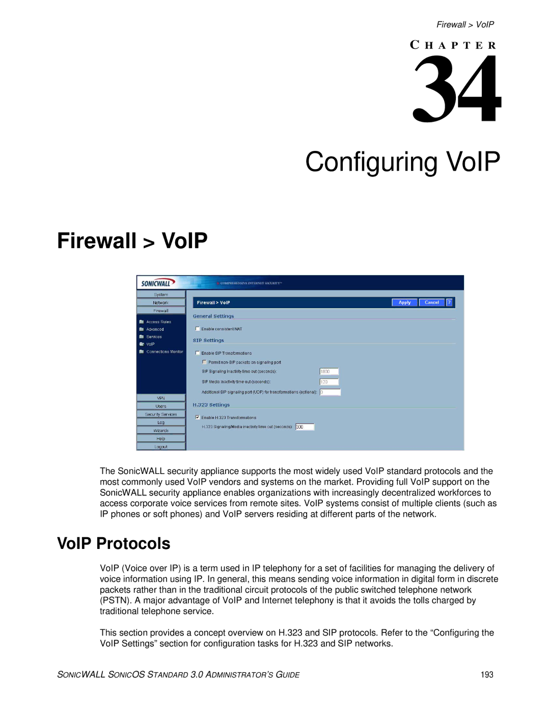 SonicWALL manual Configuring VoIP, Firewall VoIP, VoIP Protocols, 193 