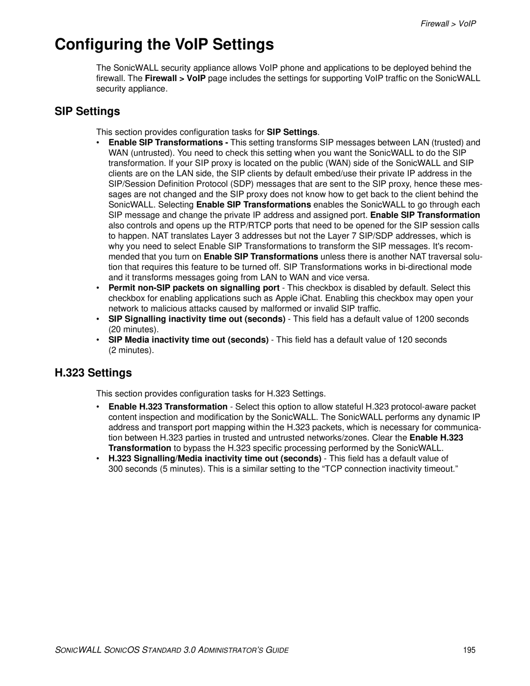 SonicWALL 3 manual Configuring the VoIP Settings, SIP Settings, 195 