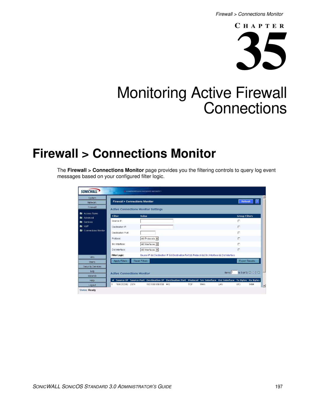 SonicWALL 3 manual Monitoring Active Firewall Connections, Firewall Connections Monitor, 197 