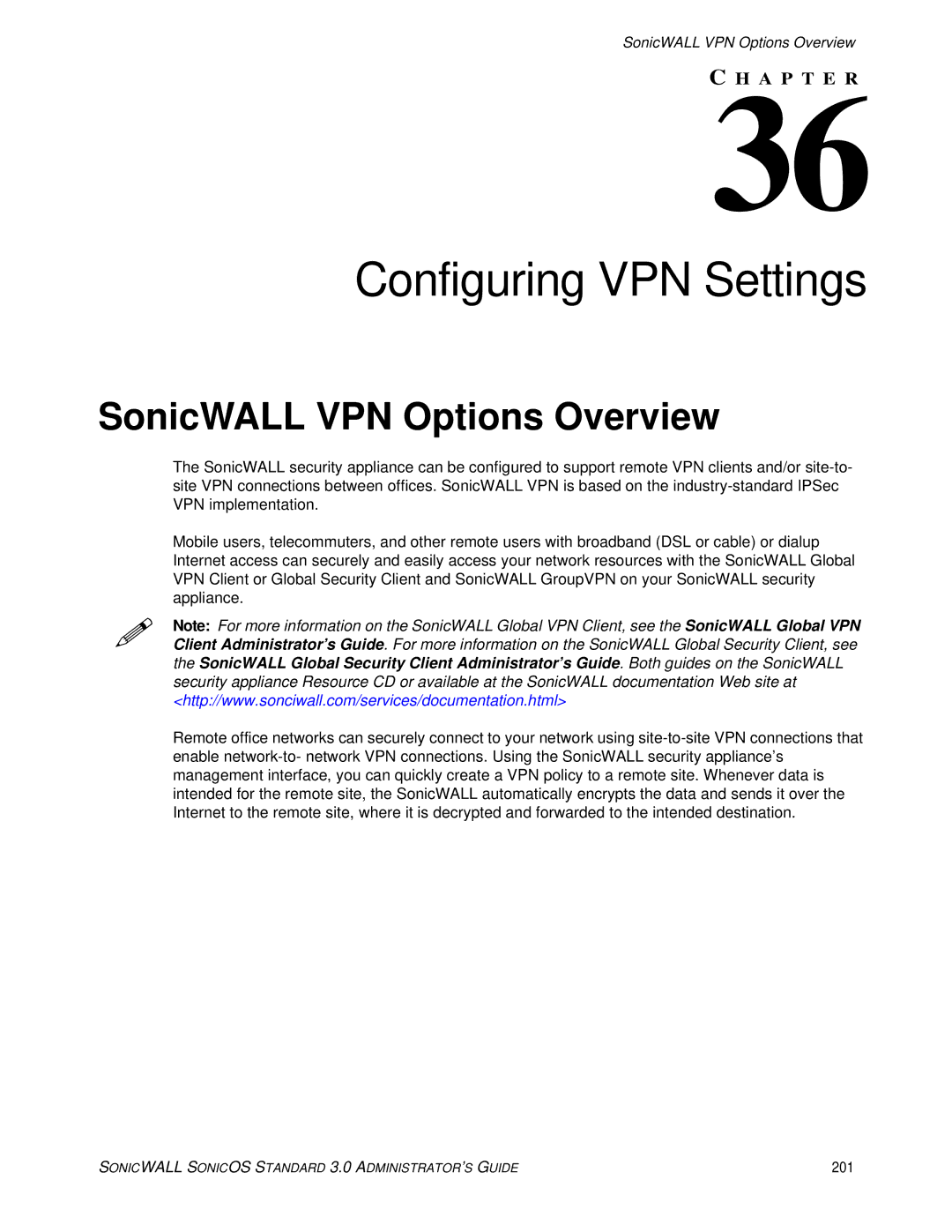 SonicWALL 3 manual Configuring VPN Settings, SonicWALL VPN Options Overview, 201 