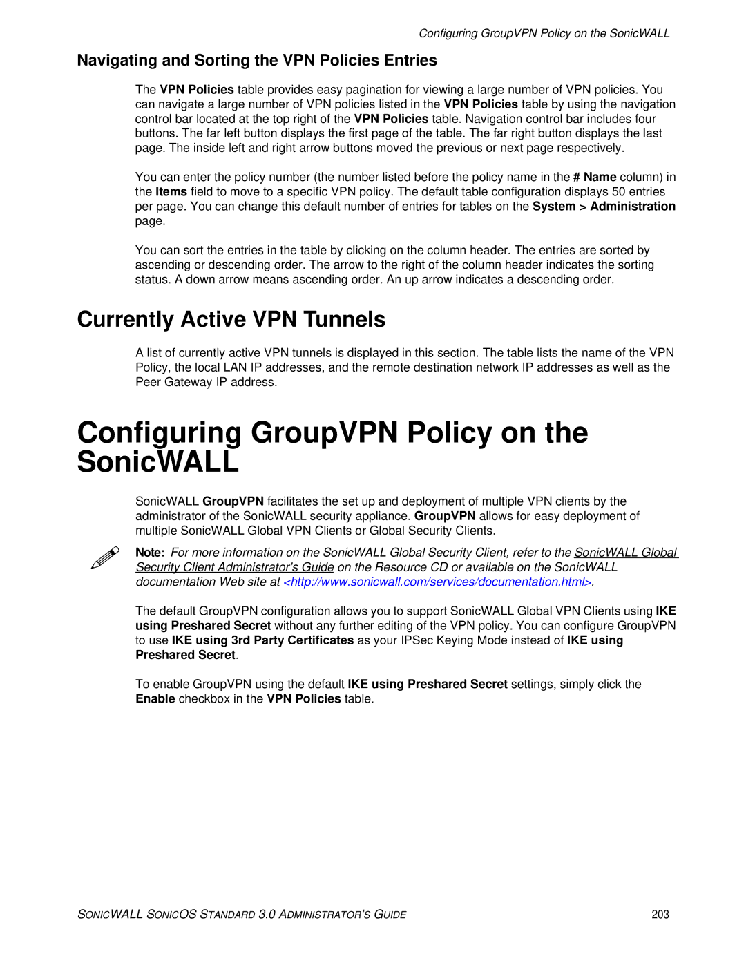 SonicWALL manual Configuring GroupVPN Policy on the SonicWALL, Currently Active VPN Tunnels, 203 